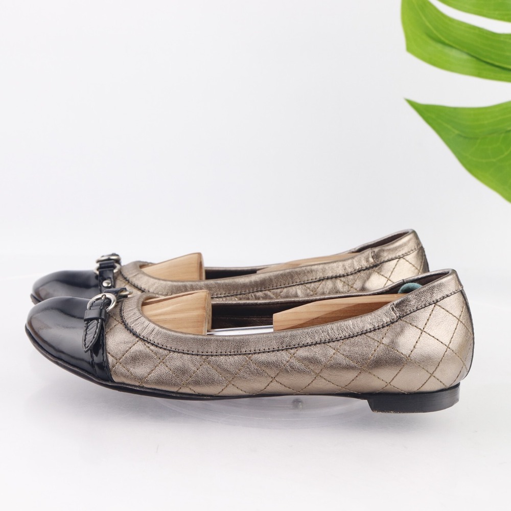 AGL Womens Ballet Flats Size 39 9 Quilted Bronze Gold Leather Black Cap Toe Shoe - Picture 9 of 14